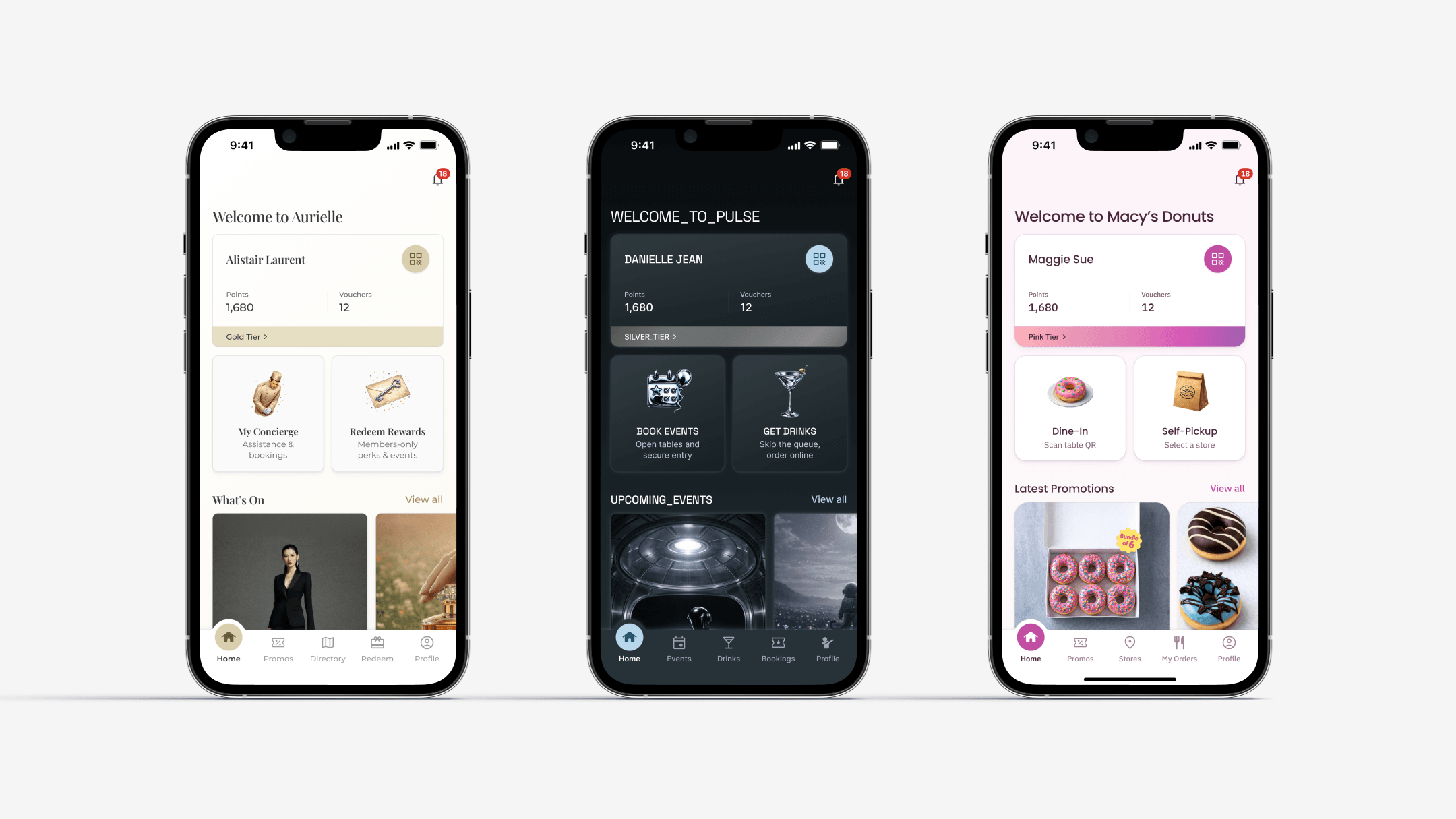 Home page mockup shown in three different brand styles.