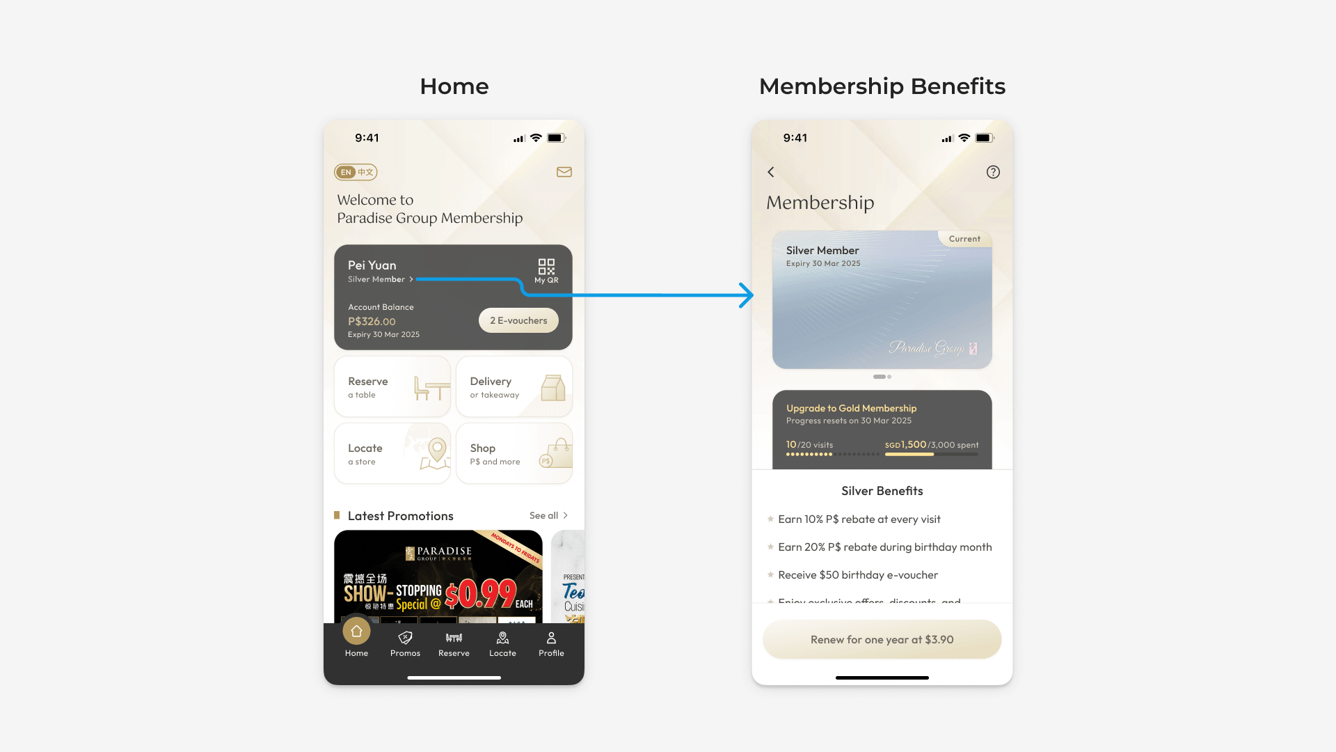 Member landing page with tier, balances, QR code, and entry point to benefits page.