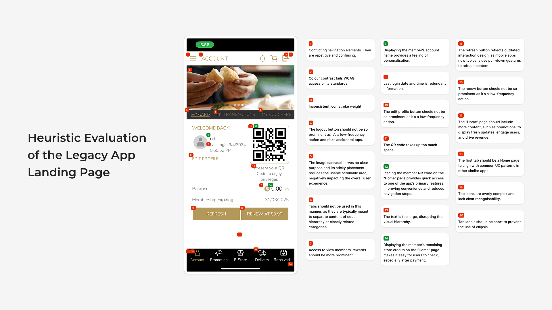 Annotated heuristic evaluation of the legacy app landing page UI.
