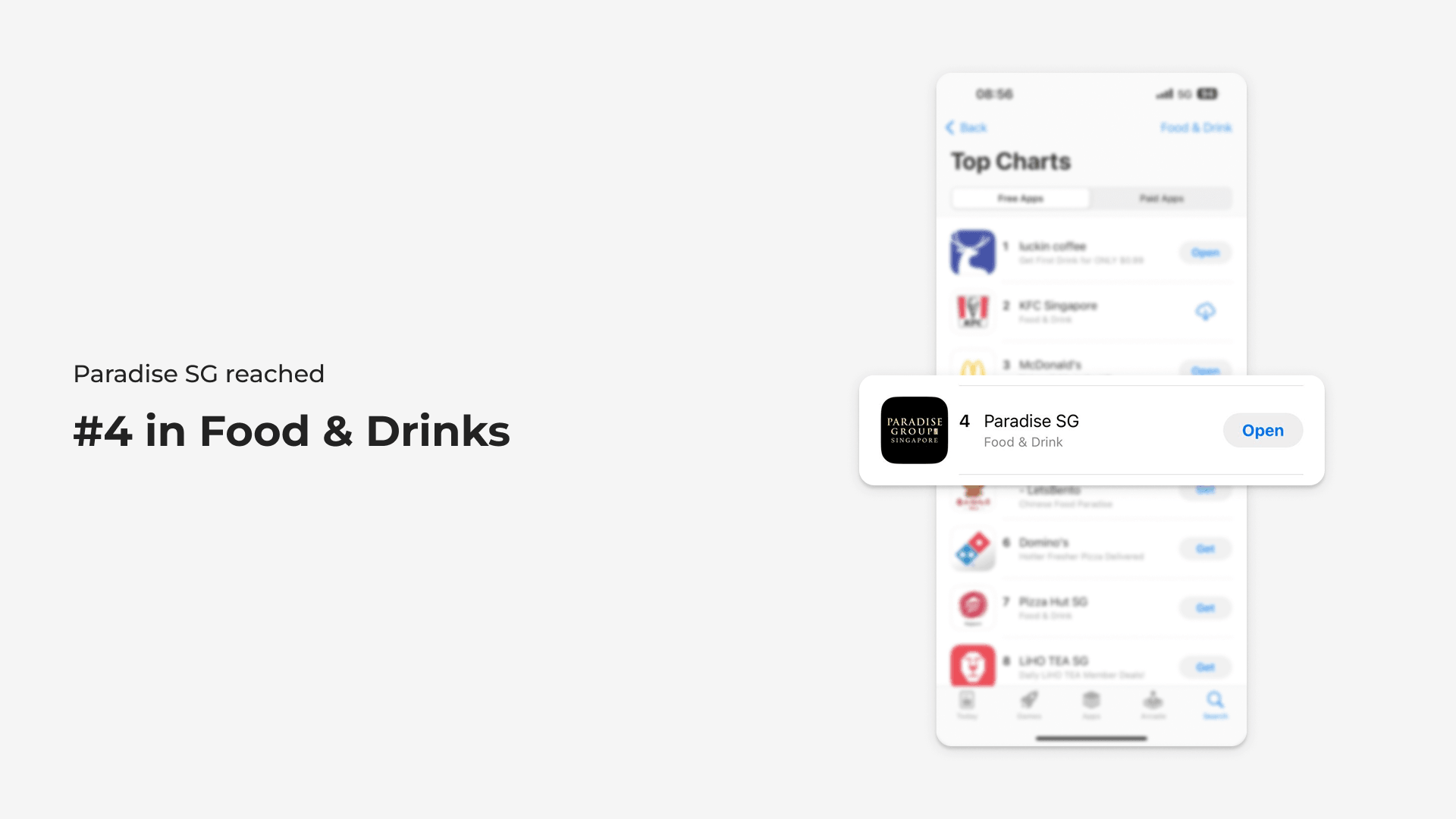 Screenshot of Paradise SG app reaching #4 in the Food & Drinks category.