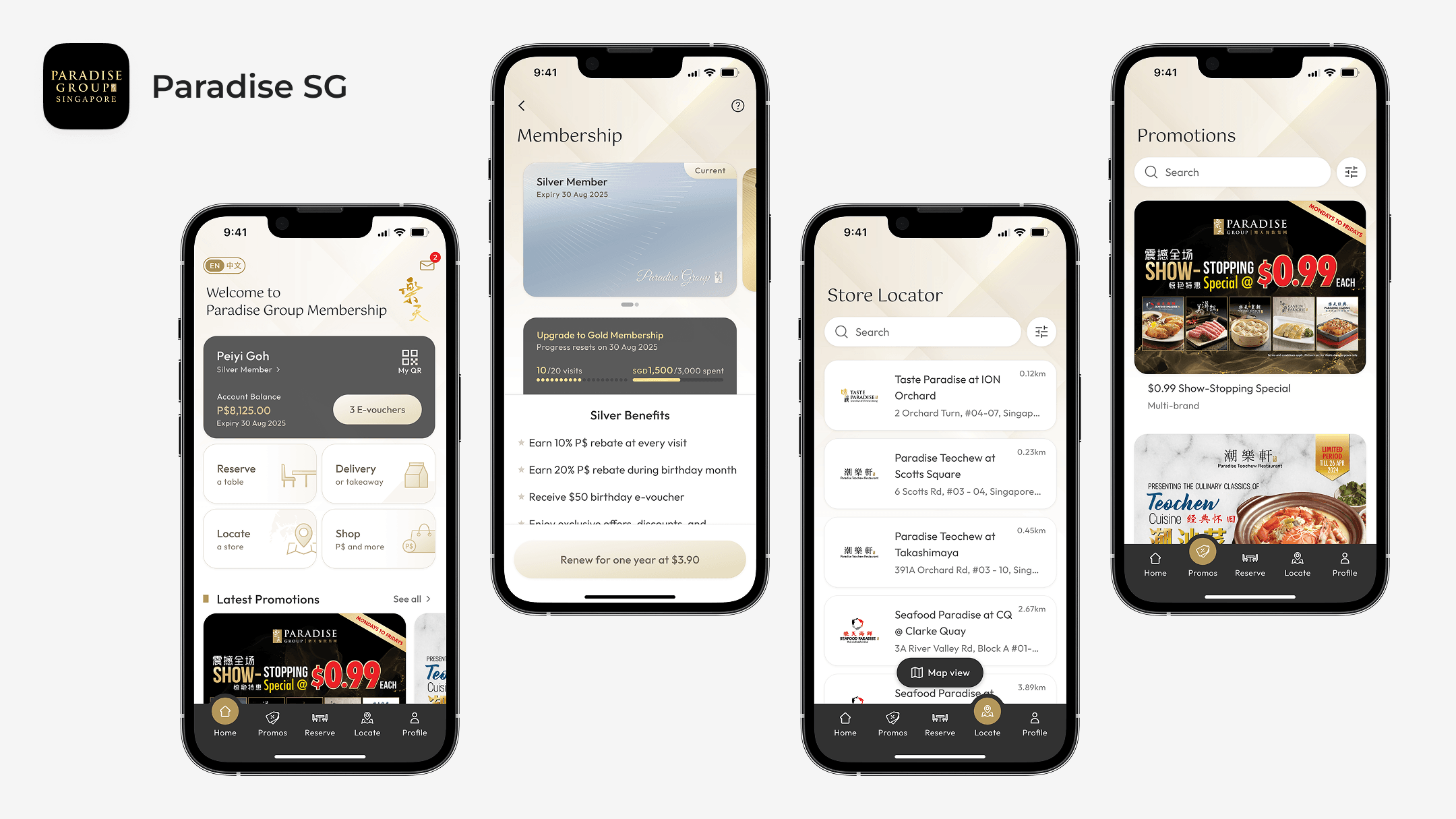 Paradise SG app mockup showing four key screens: home, membership benefits, promotions, and store locator.