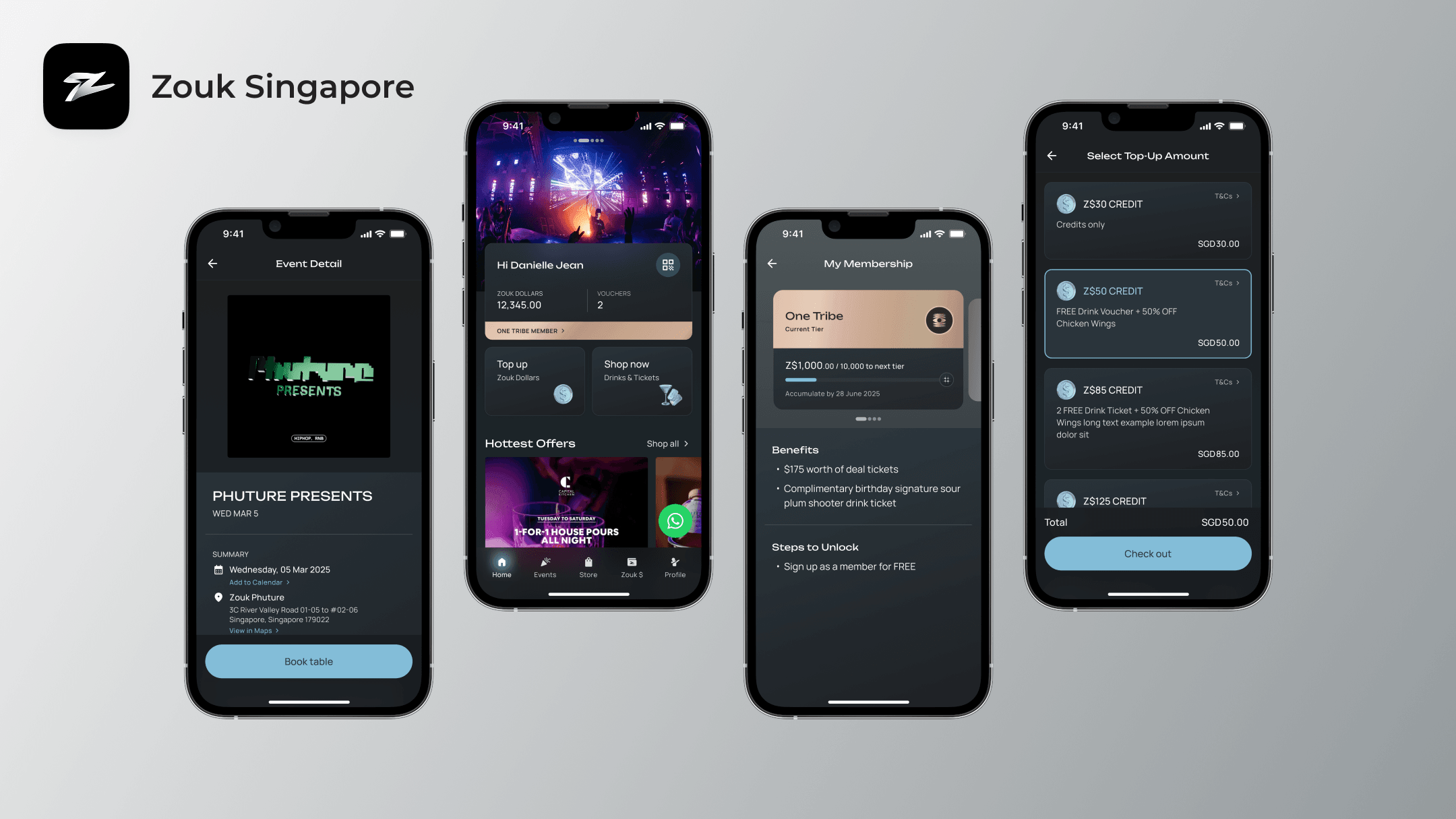 Zouk Singapore app mockup showing four key screens: event detail, home, membership benefits, and credit top-up selection.