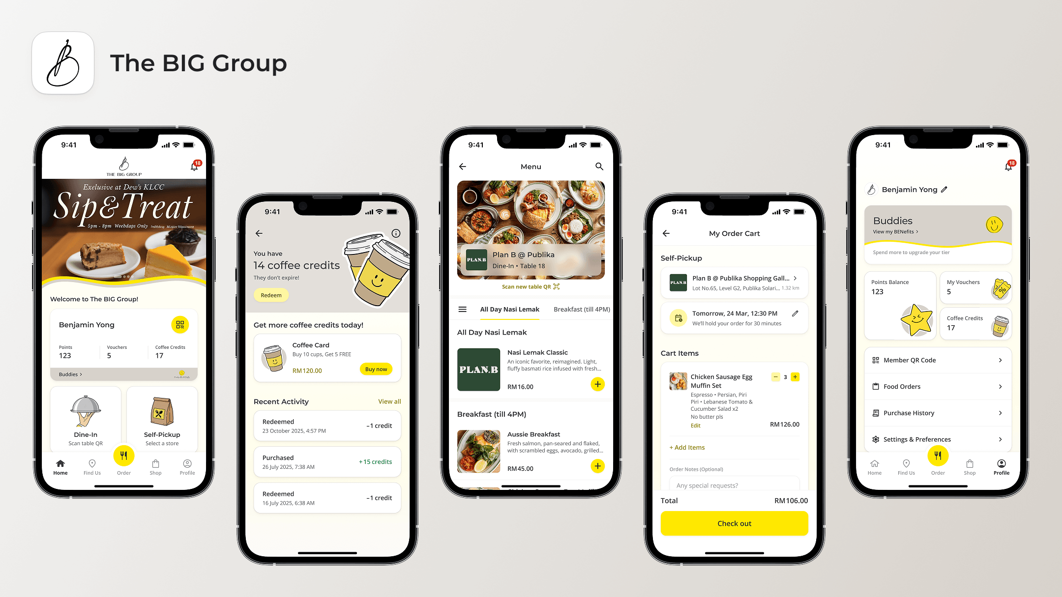 The BIG Group app mockup showing five key screens: home, coffee credits, menu, cart, and profile.